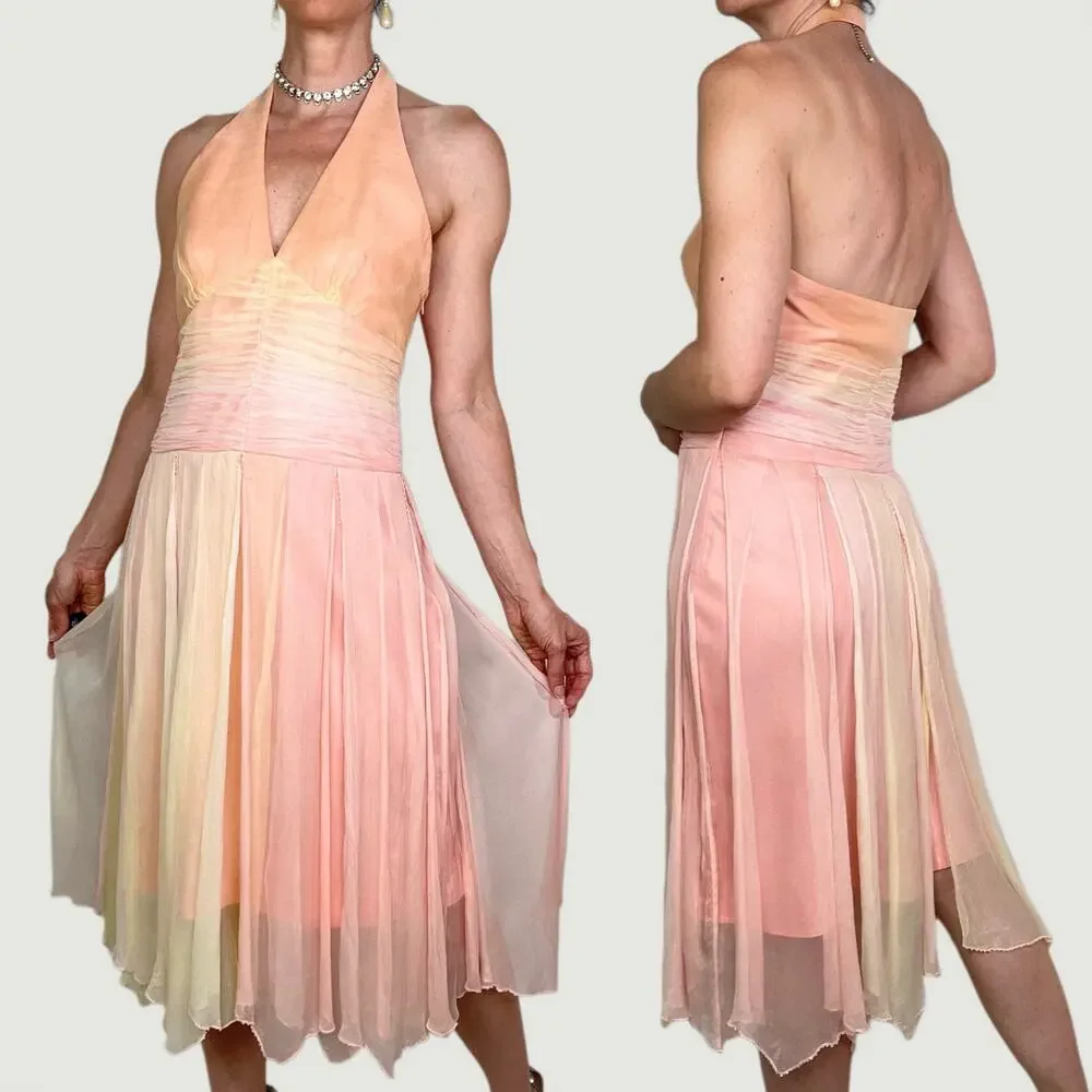 Laundry by Shelli Segal silk beaded halter‎ dress prom cocktail pastel peach 6 - Picture 3 of 15